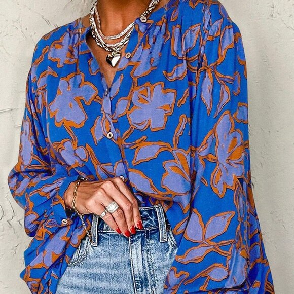 Multicolor Casual Women's Floral Print Batwing Sleeve Buttoned Loose Fit Shirt - Picture 1 of 10